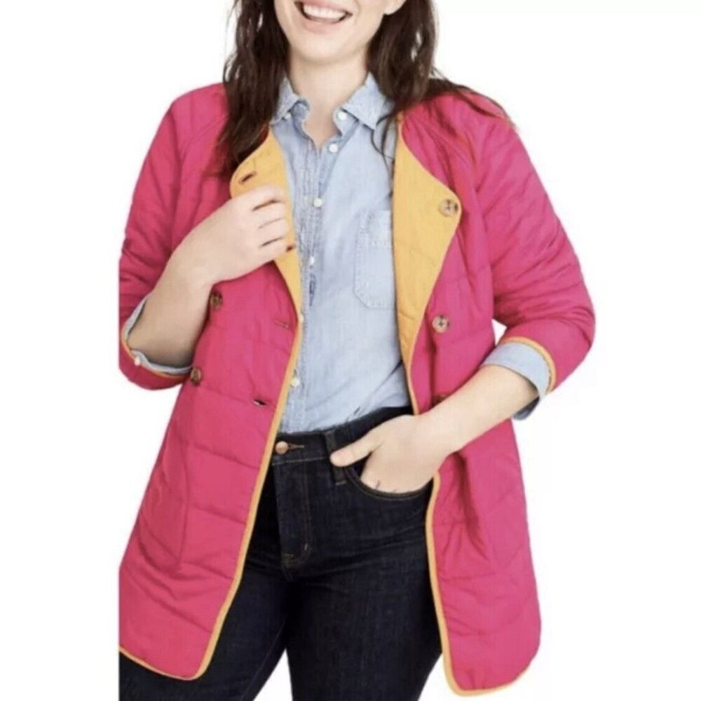 J. Crew Reversible Button Front Lightweight Quilted Puffer Jacket - Pink Orange